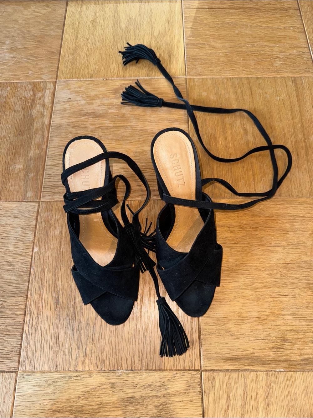 SCHUTZ Black Suede Tassel Lace-Up Heels Size 8